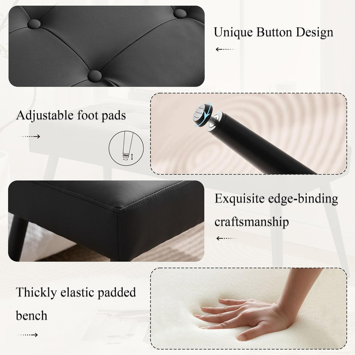 LOULENS Faux Leather Entryway Bench, Modern Upholstered Bench, Matte Black