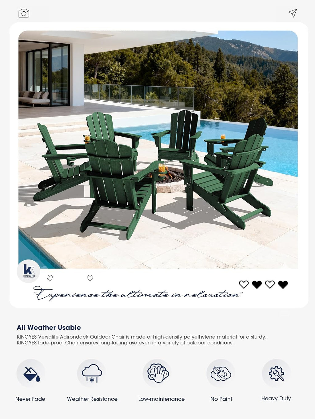 KINGYES Folding Adirondack Chair Set of 6 with Cup Holder, Green