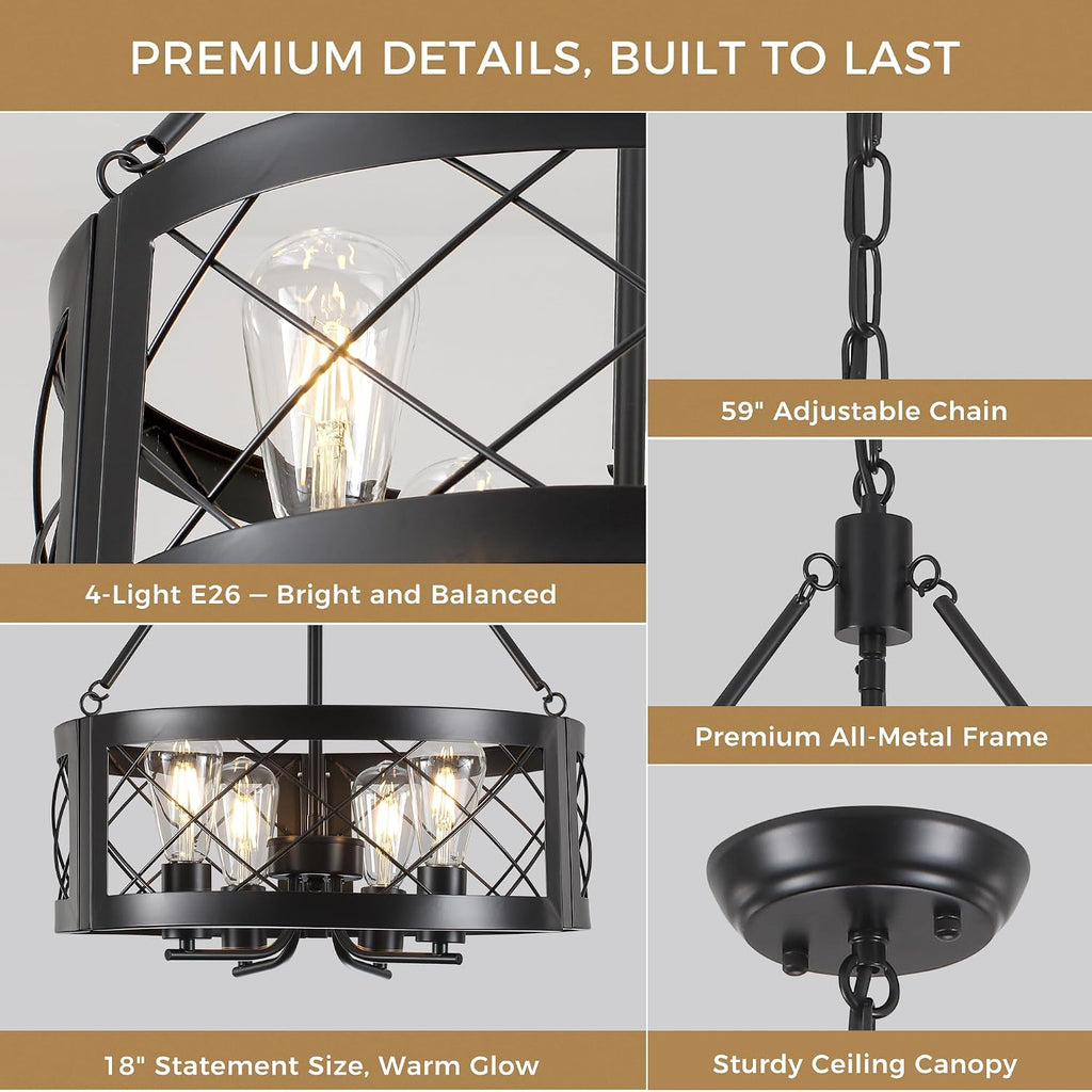 black farmhouse chandelier for dining room, 18" rustic on a desk or shelf