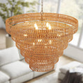 31.5" Large Gold Rattan Chandelier, 12-Light Hand-Woven 6-Tier