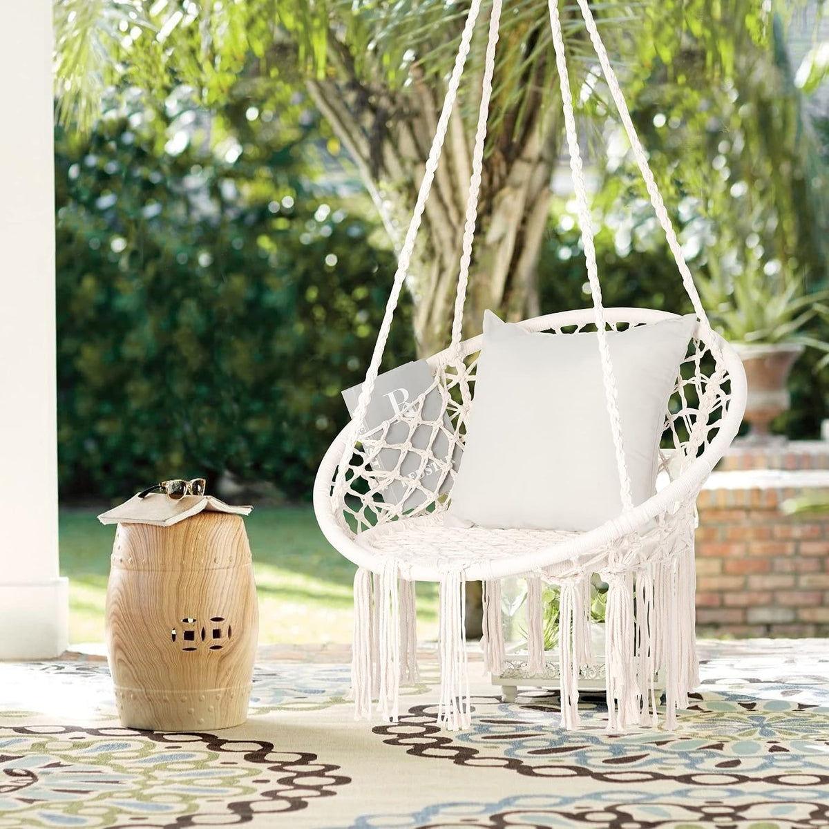 suncreat hammock chair macrame swing with side pocket showing dimensions