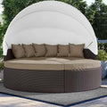 Modway Convene Wicker Rattan Outdoor Patio Retractable Canopy Round Poolside Sectional Sofa Daybed with Cushions in Espresso Mocha