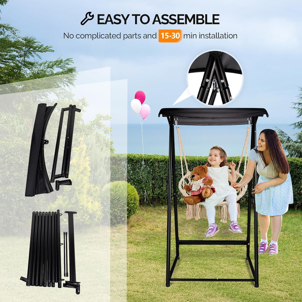 OnCloud Outdoor Hammock Chair Stand with Canopy, Heavy Duty Hammock Stand Only, Swing Stand with 3 Hooks, Max Load 660lbs, Fits Most Hanging Chairs Frame, Black