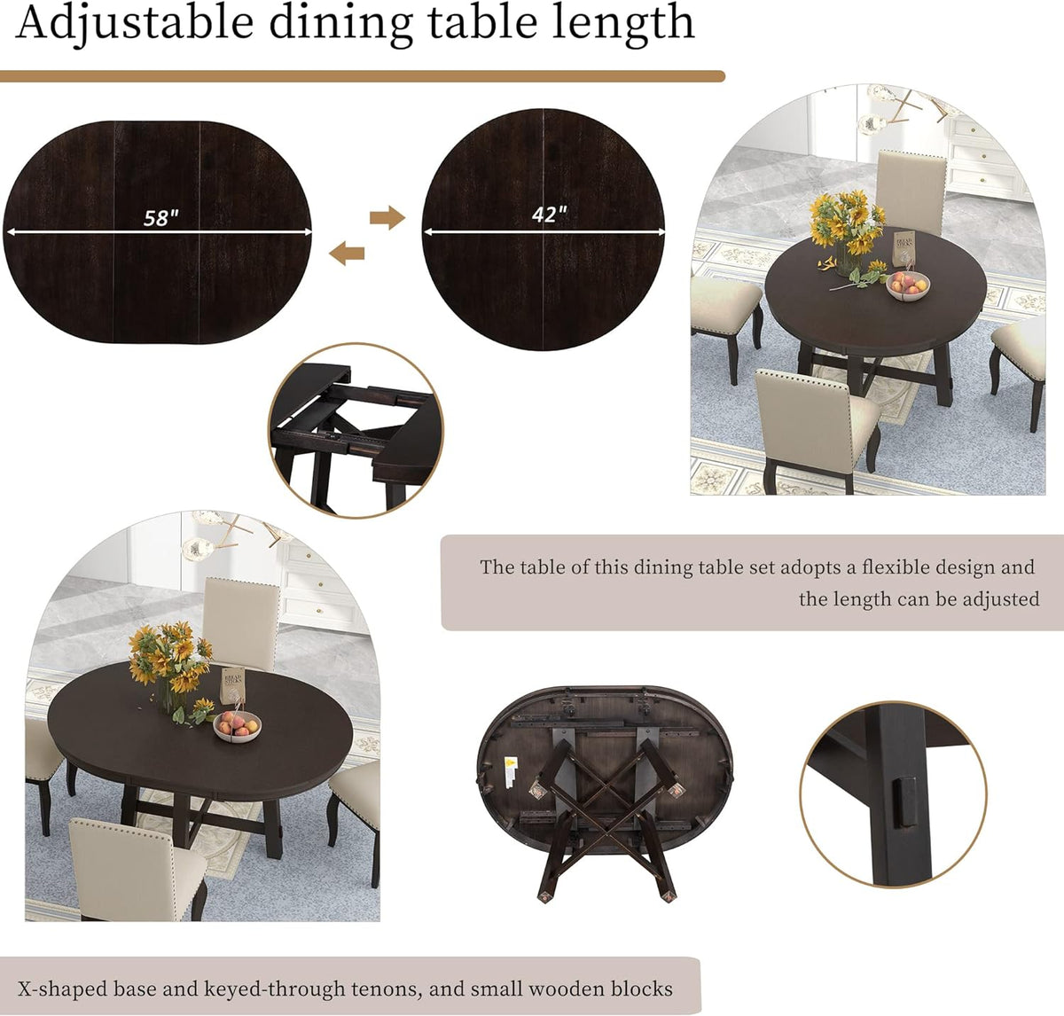 Harper & Bright Designs Round Kitchen Dining Table Set for 4, 5 Piece Farmhouse Wood Round Extendable Dining Table & 4 Upholstered Dining Chairs, Espresso (ST000074AAP-MZJ)