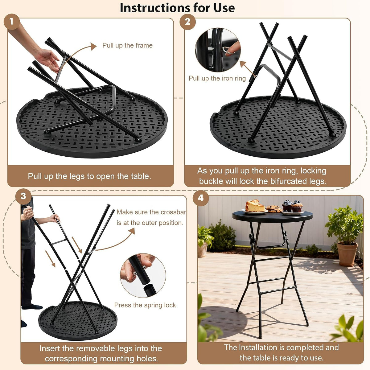 Cocktail Table, D32in x H43.3in Folding Round Cocktail Table High Top