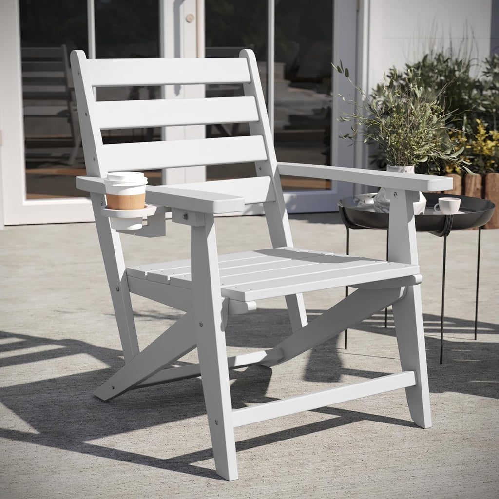 Flash Furniture HDPE Adirondack Dining Chair with Cup Holder, White
