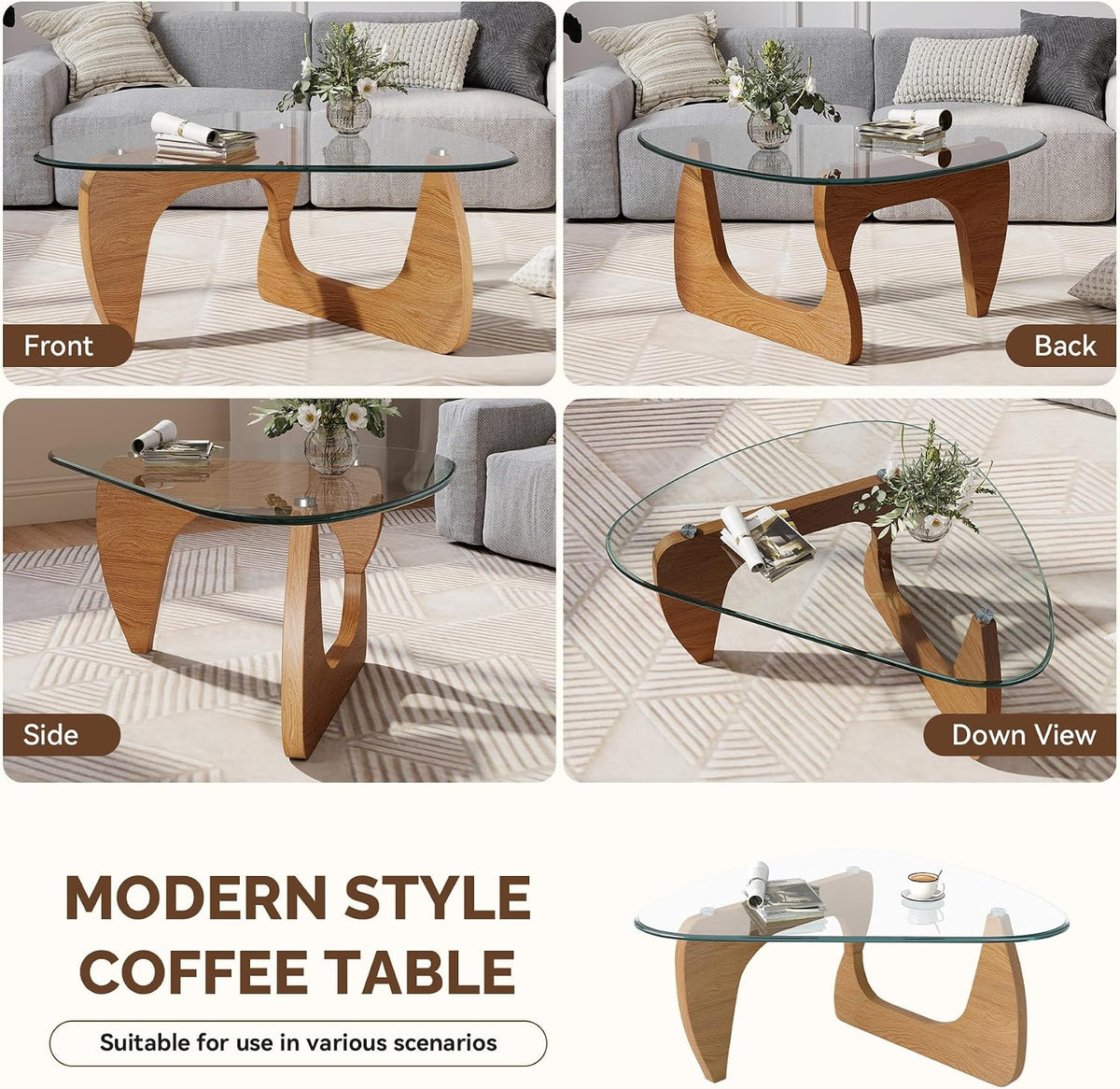 Modern Glass Coffee Table, Triangle Center Table with Tempered Glass Top& Unique Wooden Base, 35.5” Mid Century Tea Tables for Living Room, Apartment, Office,Wood &Transparent