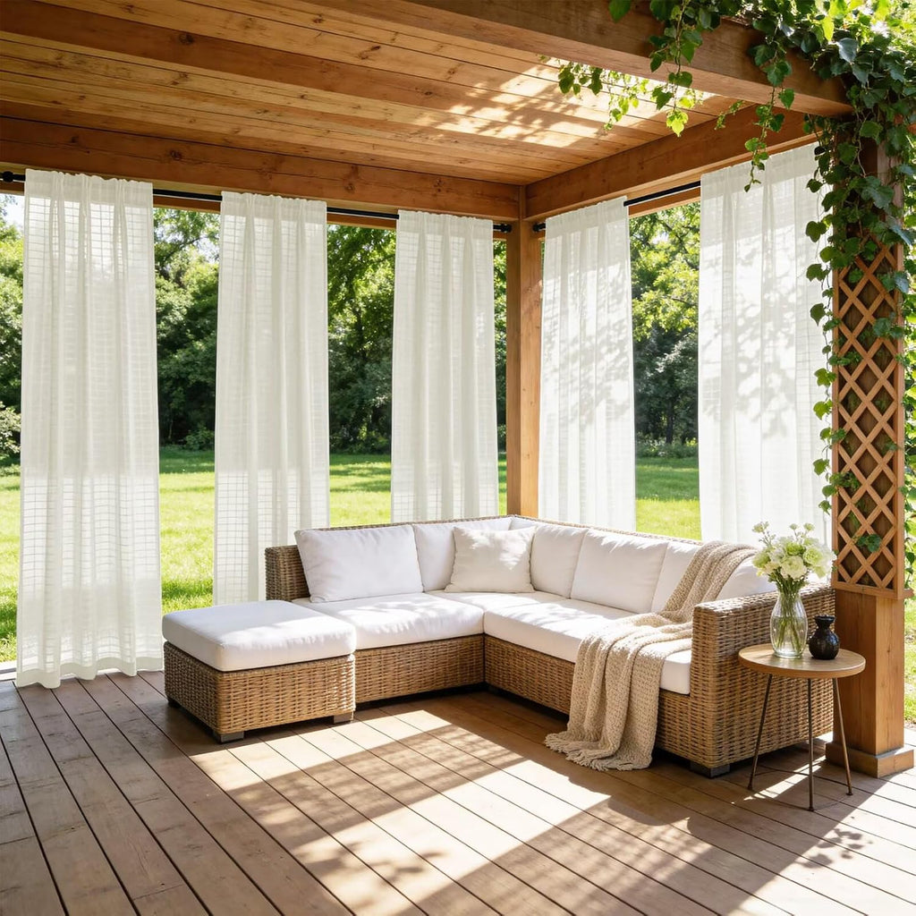 4 Panels Outdoor Sheer Curtains for Patio, Jacquard Check Curtains for Patio Waterproof, Indoor Outdoor Drapes for Gazebo Pergola Balcony Pool Spa (Ivory, 52 x 120 inch)