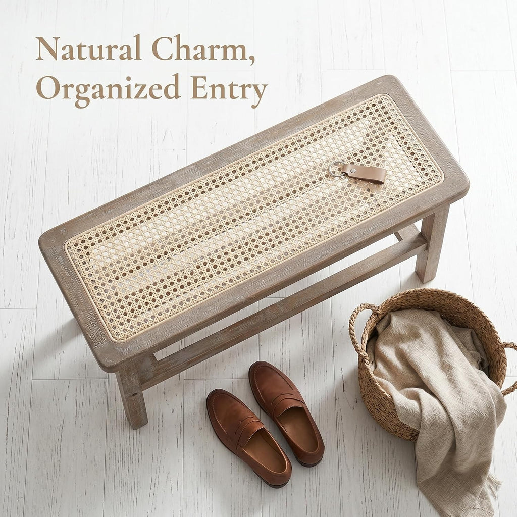 ROCITY 30 Inch Rattan Bench Wooden Entryway Bench with Shoe Rack