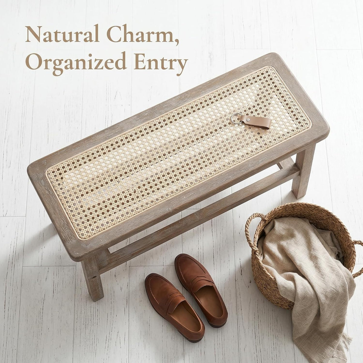 ROCITY 30 Inch Rattan Bench Wooden Entryway Bench with Shoe Rack