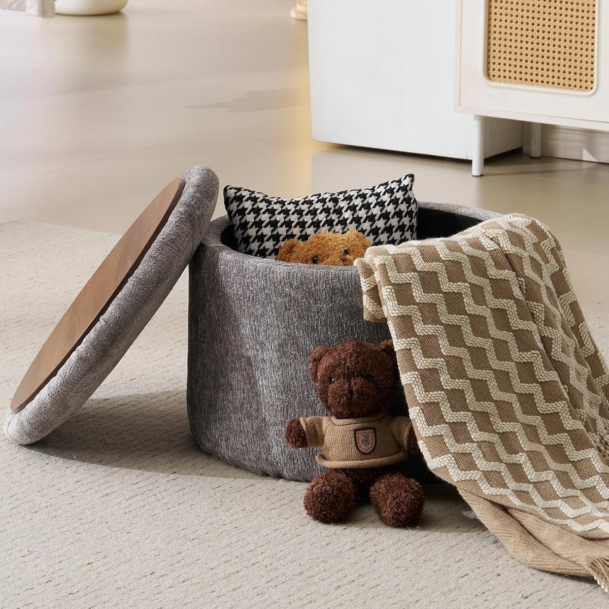 Modern Round Storage Ottoman with Reversible Tray Lid,Chenille Ottoman Foot Stools, Ottoman Footstool with Hidden Storage, Storage Ottoman for Living Room, Multi-Functional Footrest,Dark Grey