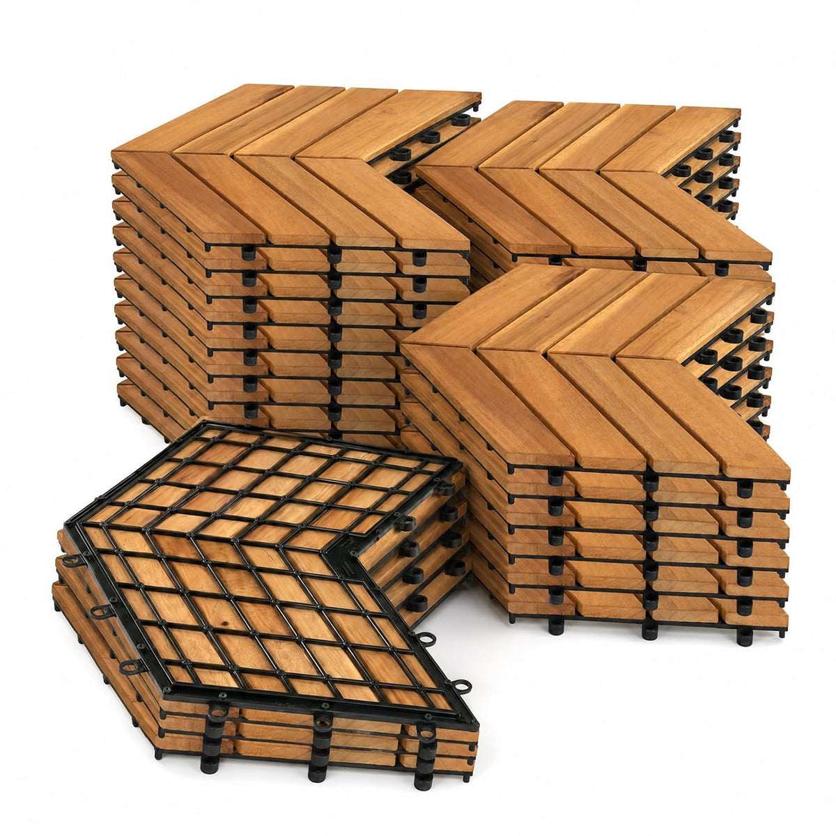 Goplus 30-Pack Acacia Wood Interlocking Deck Tiles (30 PCS,Chevron)