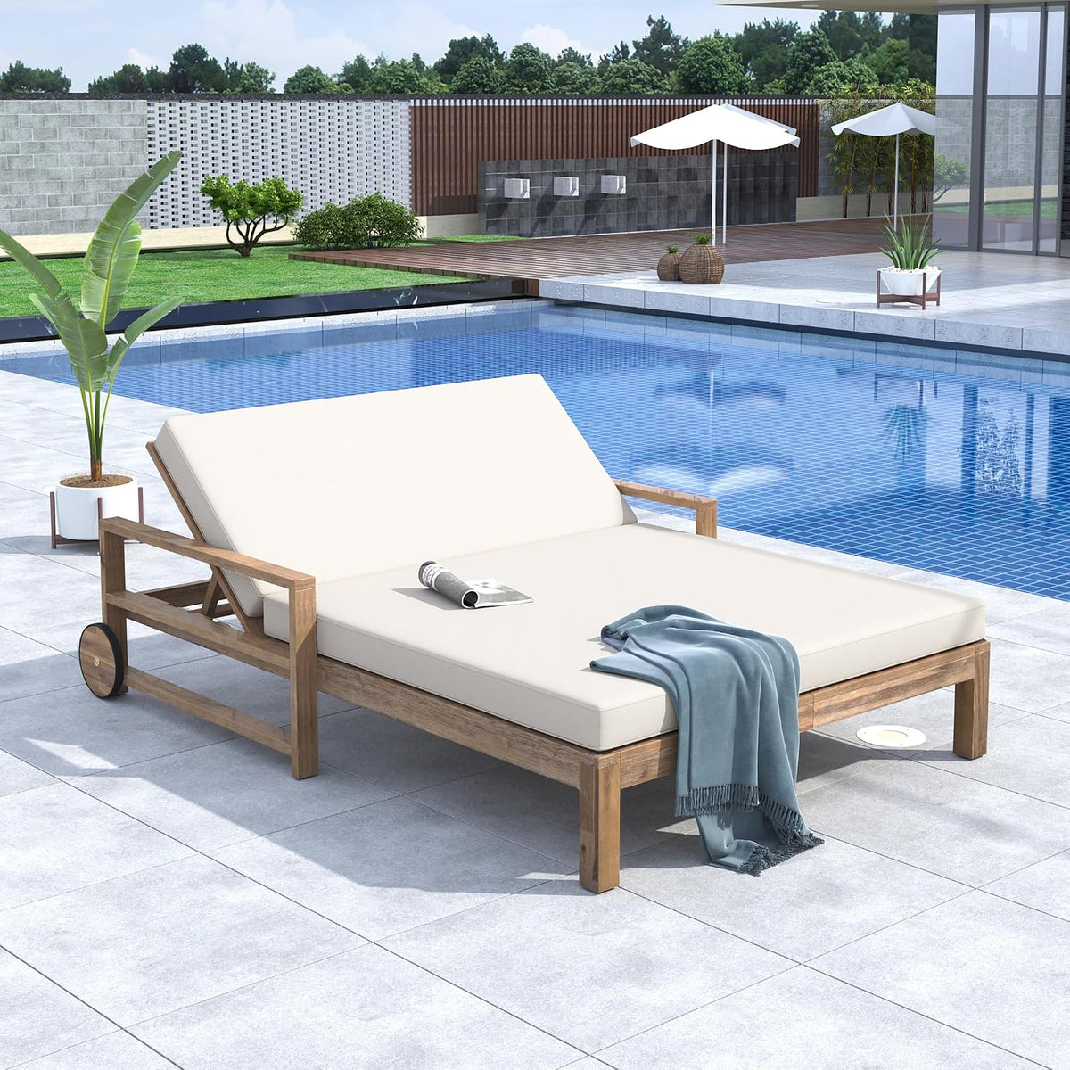Farmhouse-Style Acacia Wood Outdoor Daybed for 2,Weather-Resistant Patio Lounger with 4-Position Adjustable Backrest & Wheels,High-Resilience Foam Cushions,for Poolside, Garden(Beige)