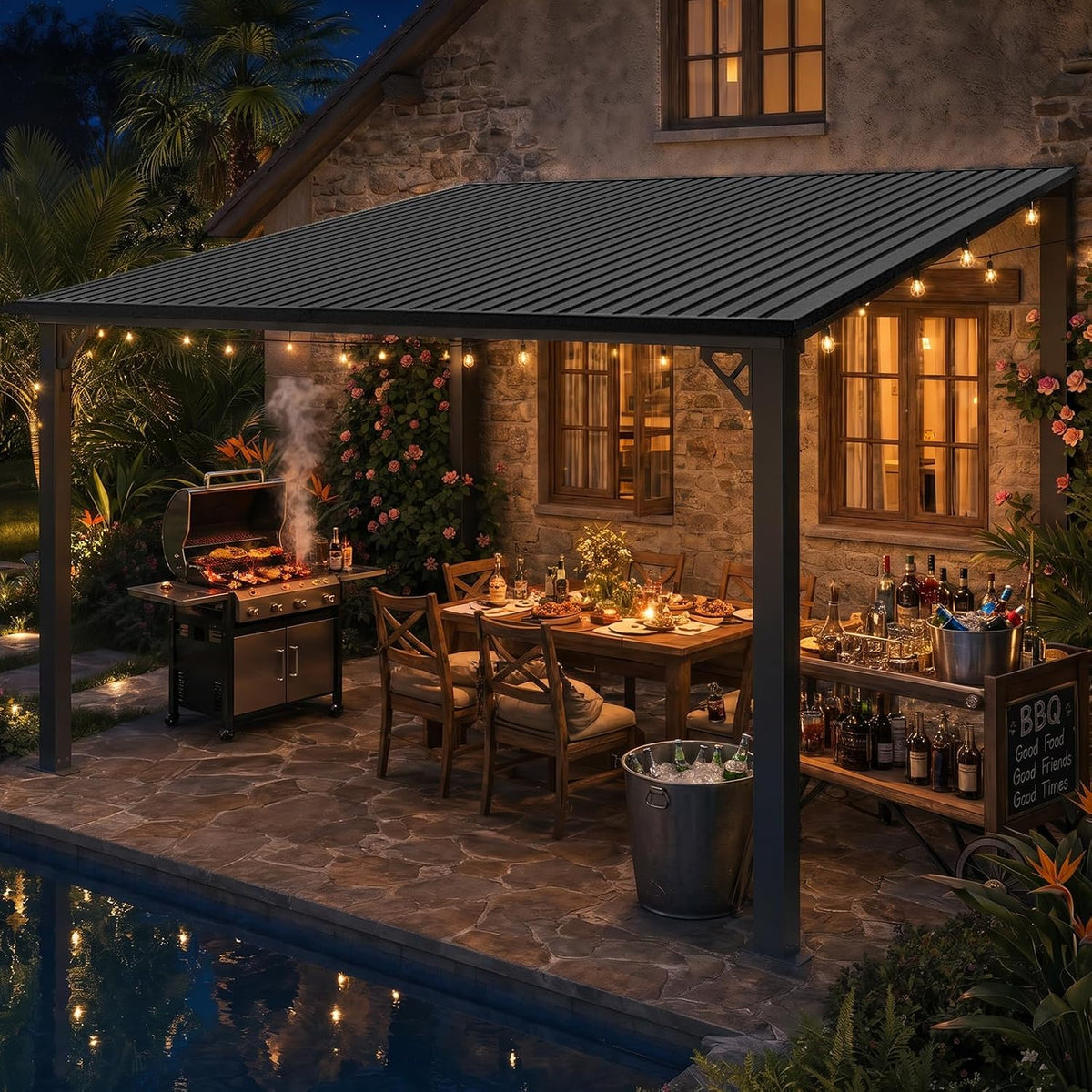 12x10 FT Lean to Gazebo, Sloping Galvanized Steel Roof Hardtop Gazebo, Outdoor Pergola Canopy with Heavy Duty Aluminum Frame for Patio, Backyard, Deck, Pool