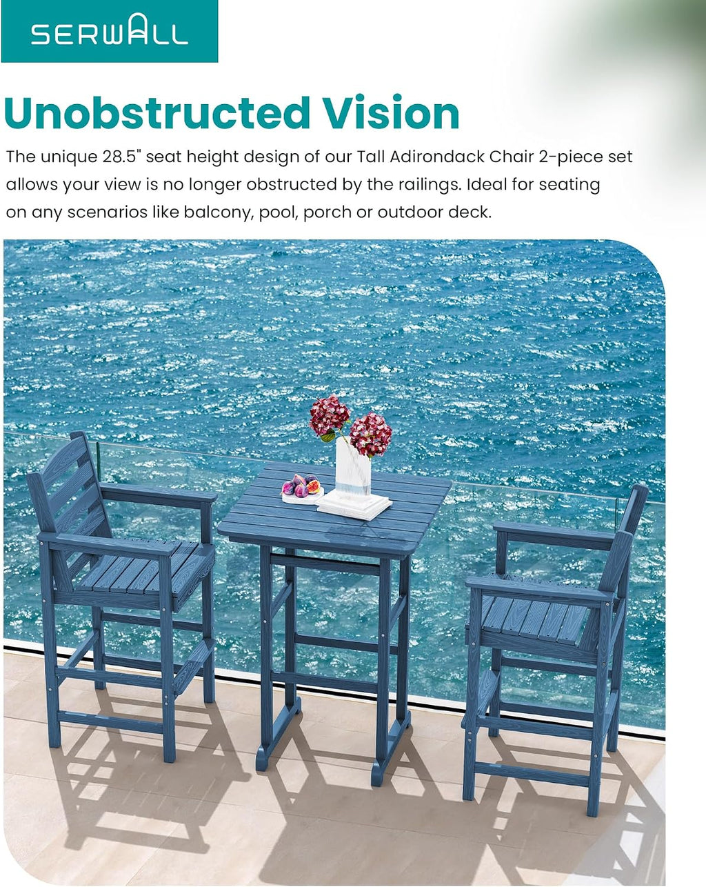 SERWALL 2-Pieces Tall Adirondack Chairs, HDPE Balcony Barstools Set, Blue