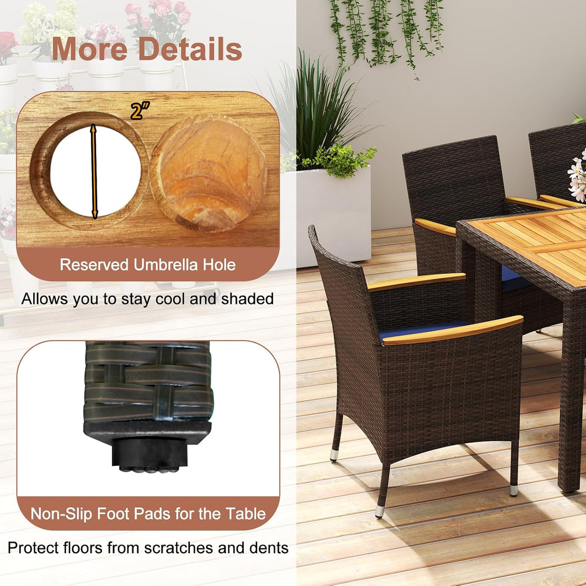 COSTWAY 9-Piece Patio Rattan Wicker Dining Set for 8 with Umbrella Hole