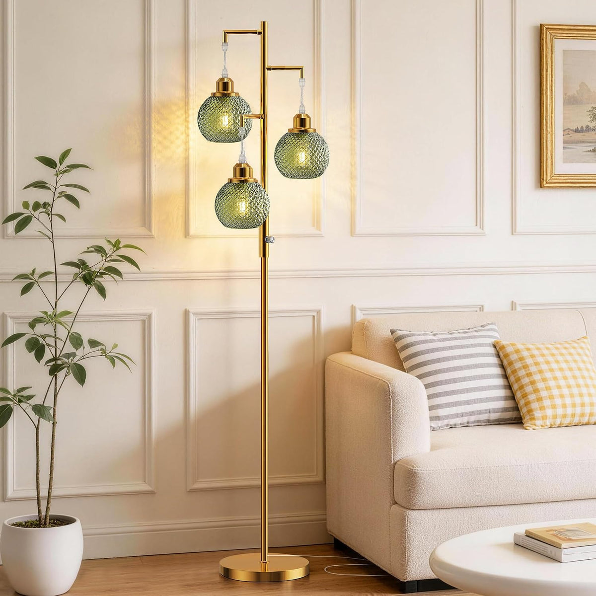 Modern Glass Floor Lamps for Living Room, 3 Lights Standing Lamp, Green