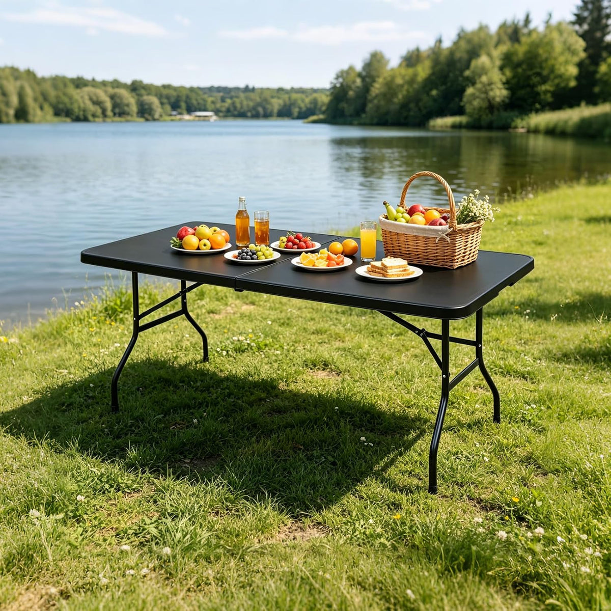 Portable Plastic Folding Table 4ft/6ft/8ft Heavy Duty White-Orange Picnic Dining Table Fold-in-Half for Camp Party Kitchen Indoor Outdoor