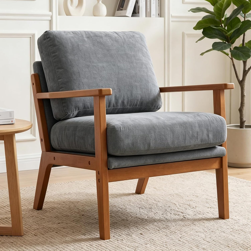 Mid-Century Modern Chenille Armchair, Walnut Frame Comfy Accent Chair, Grey