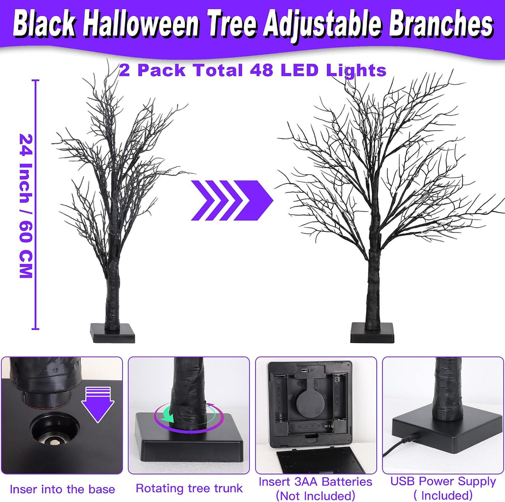 Halloween Decorations Indoor 2 Pack 24 Inch Black Spooky Tree with 48 Purple ...