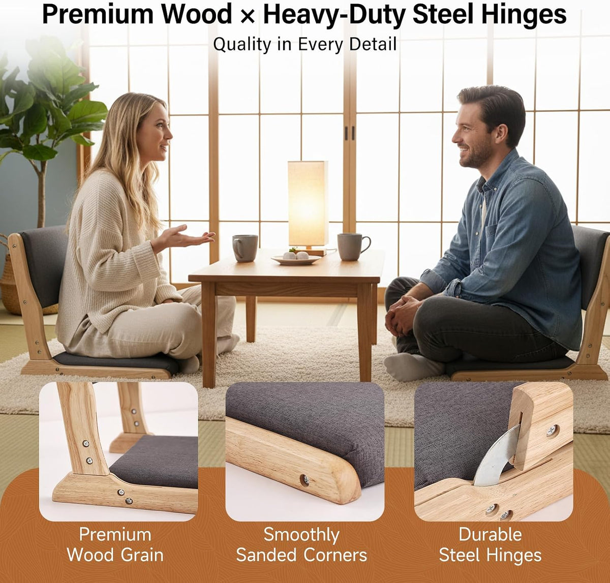Tiita 2-Pack Foldable Meditation Floor Chairs, Back Support, Wood Dark Grey