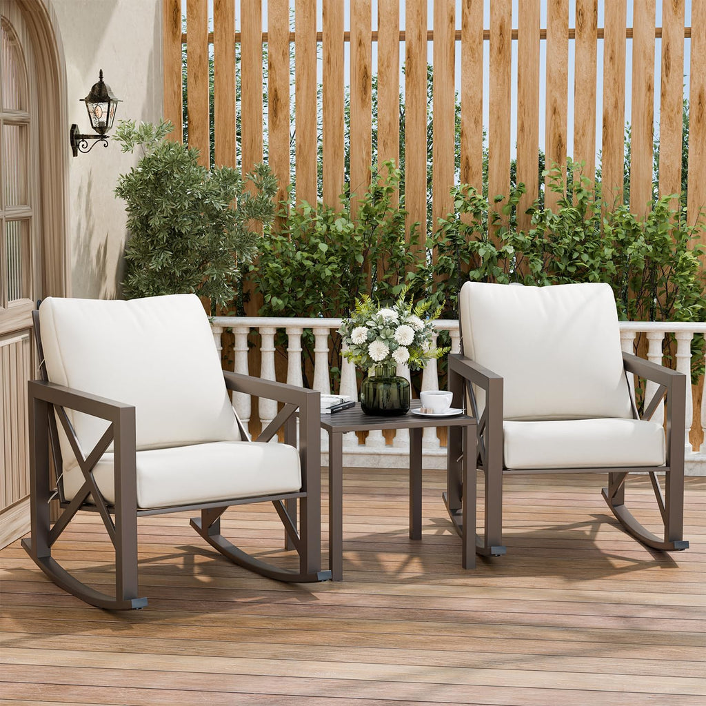 Outdoor Rocking Bistro Set, Patio Chairs Set of 2 with Coffee Table, Beige