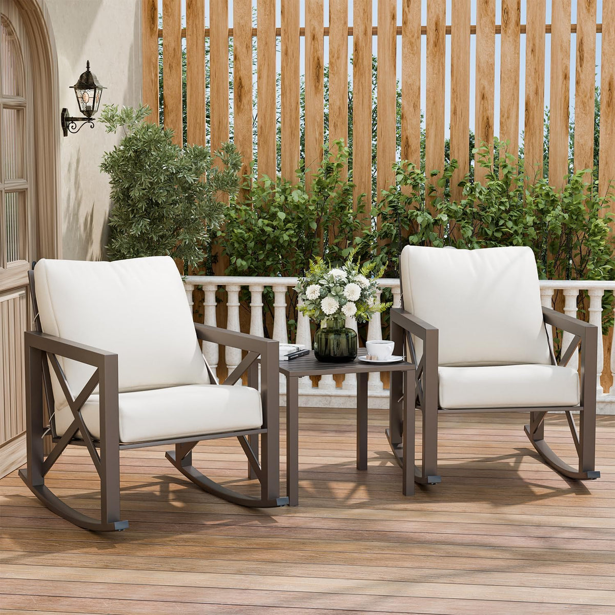 Outdoor Rocking Bistro Set, Patio Chairs Set of 2 with Coffee Table, Beige