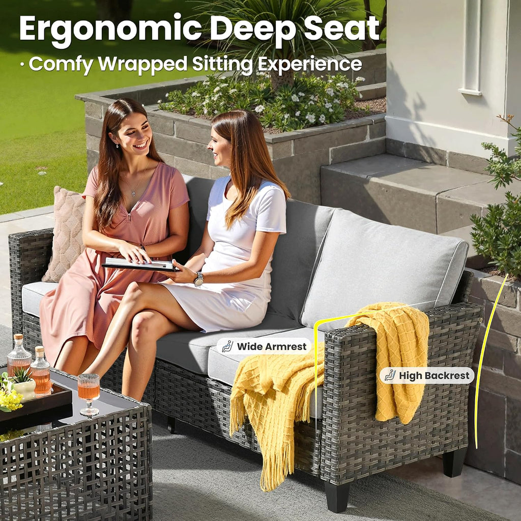ovios 9 Pieces Patio Furniture Set, Outdoor Wicker Sofa Couch with Swivel Glider Chairs Solar Lights Table, Modern Deep Seat Rattan Conversation Sets for Deck Porch, Grey