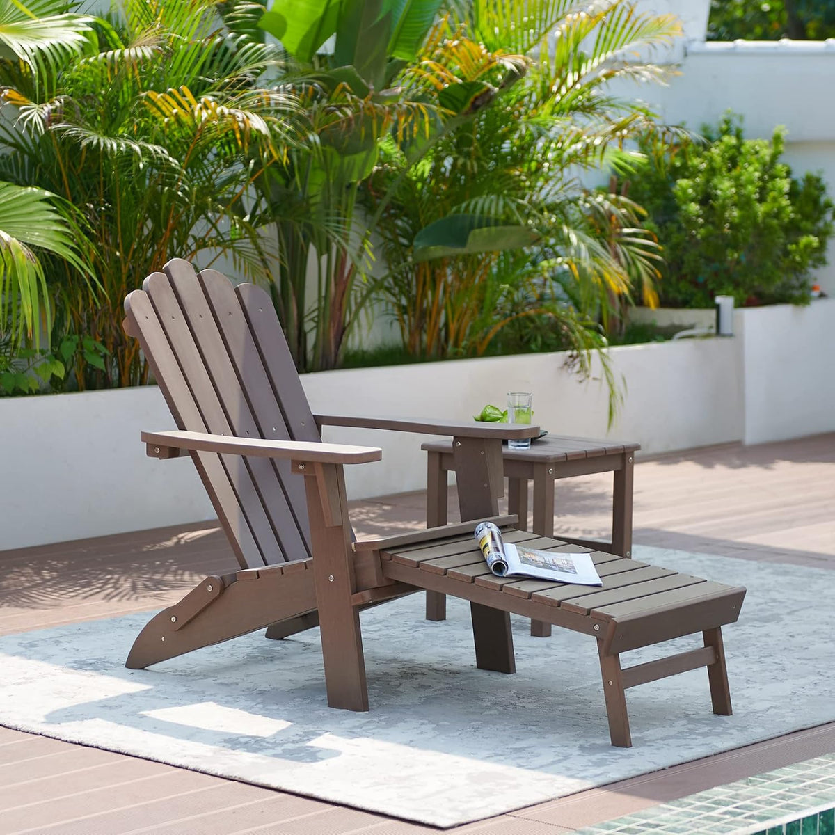 Folding Adirondack Chairs with Retractable Ottoman, Dark Brown