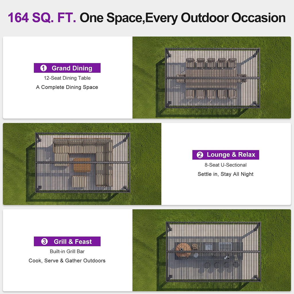 PURPLE LEAF 92KS Aluminum Pergola 10' x 16' with LED Strip Lights, Gray