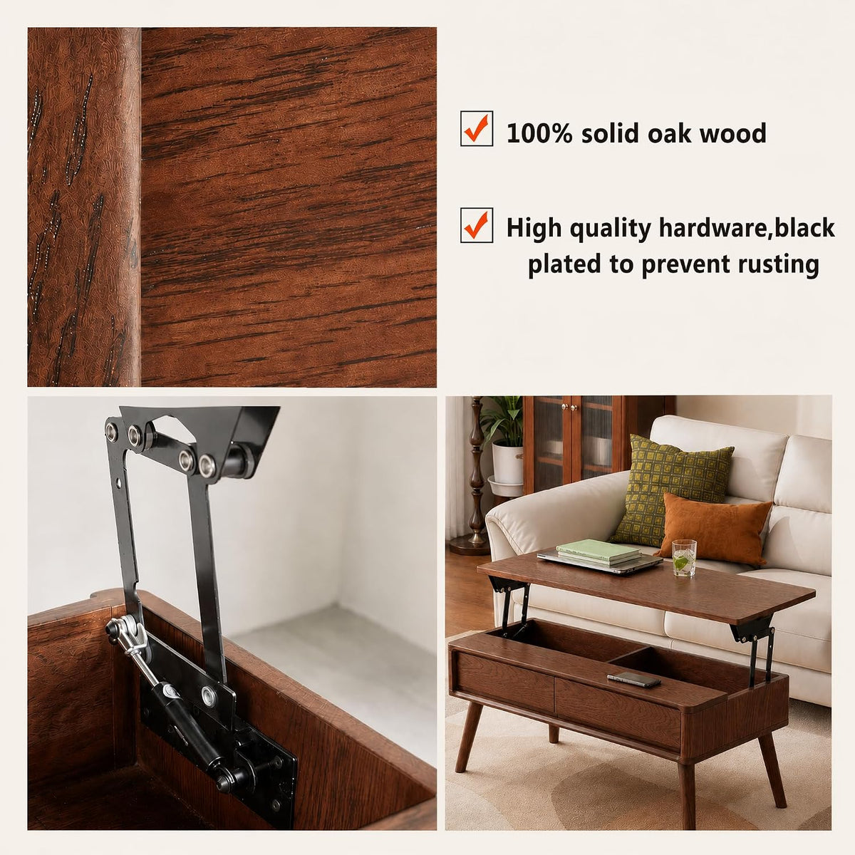 Solid Oak Wood Lift Top Coffee Table for Living Room, Fully-Assembled