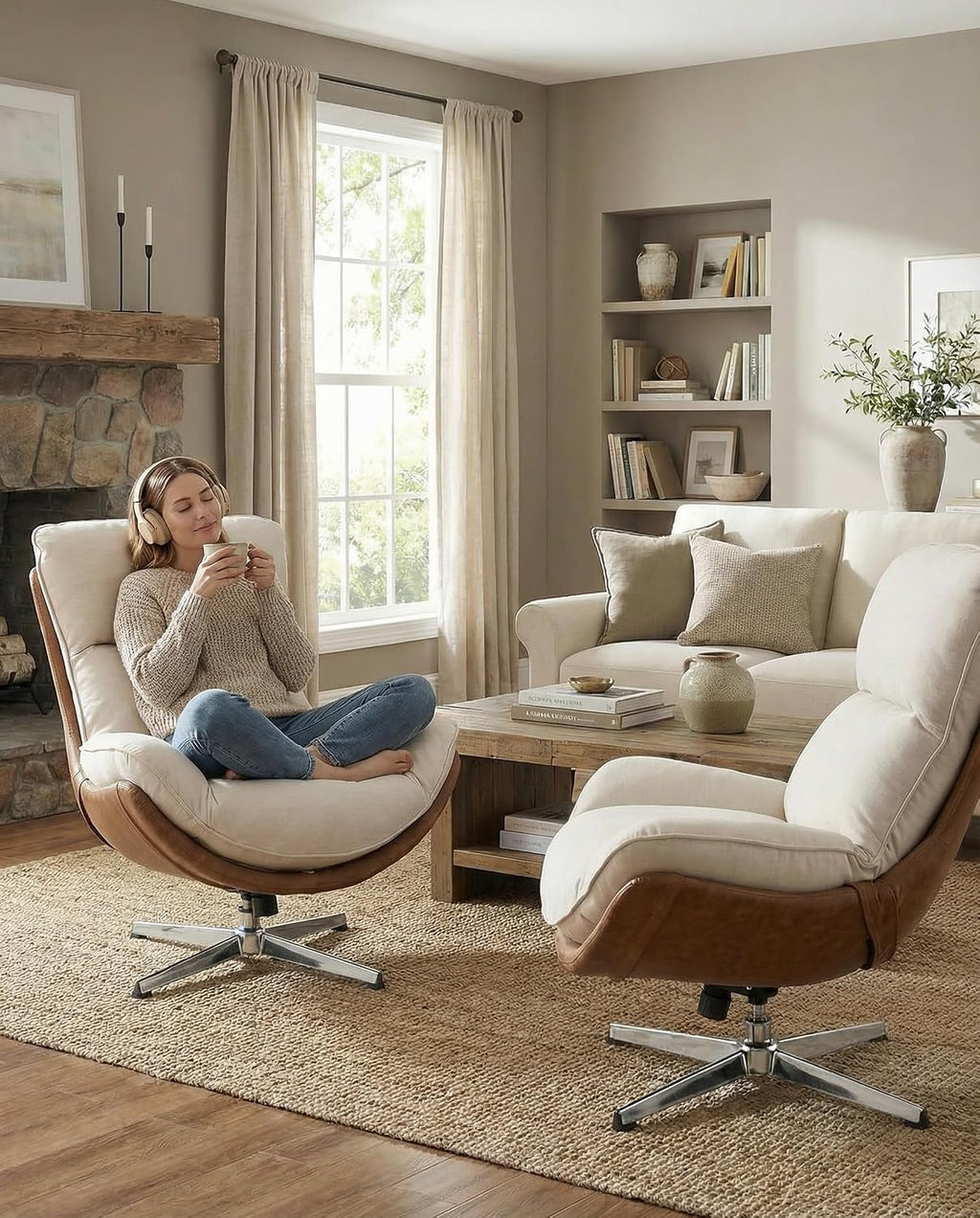 LukeAlon Set of 2 Linen Swivel Lounge Chair, Beige