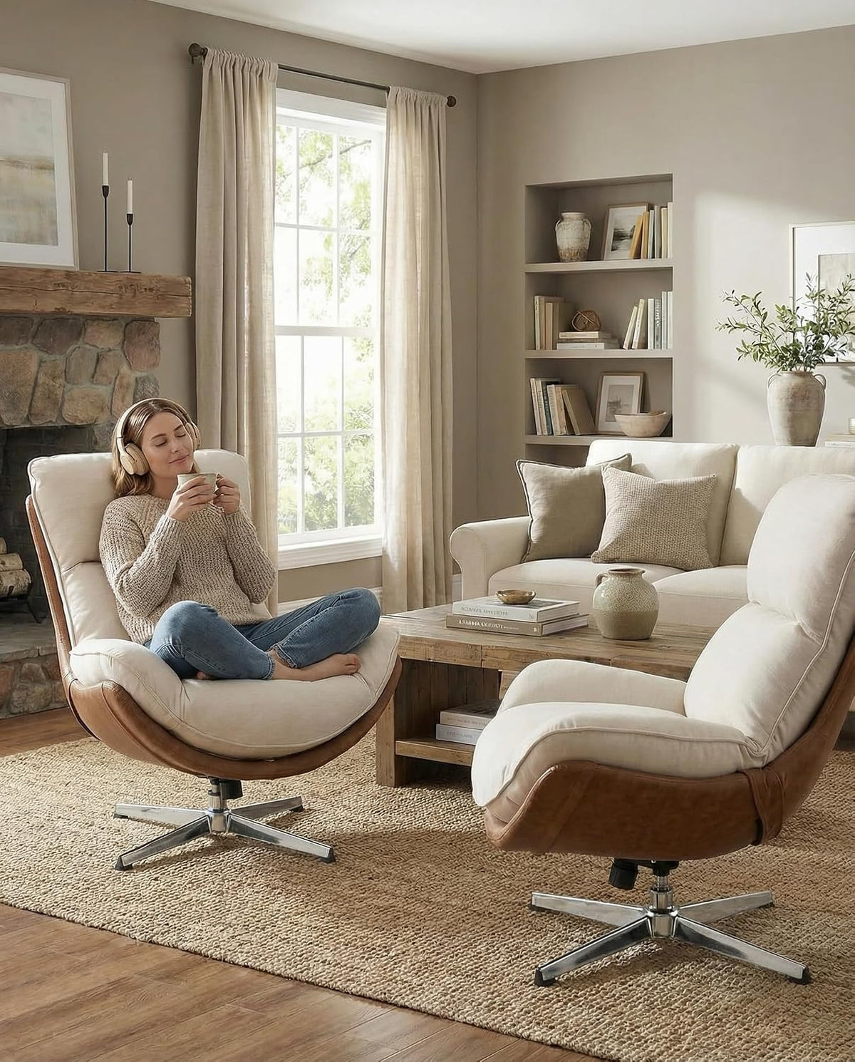 LukeAlon Set of 2 Linen Swivel Lounge Chair, Beige