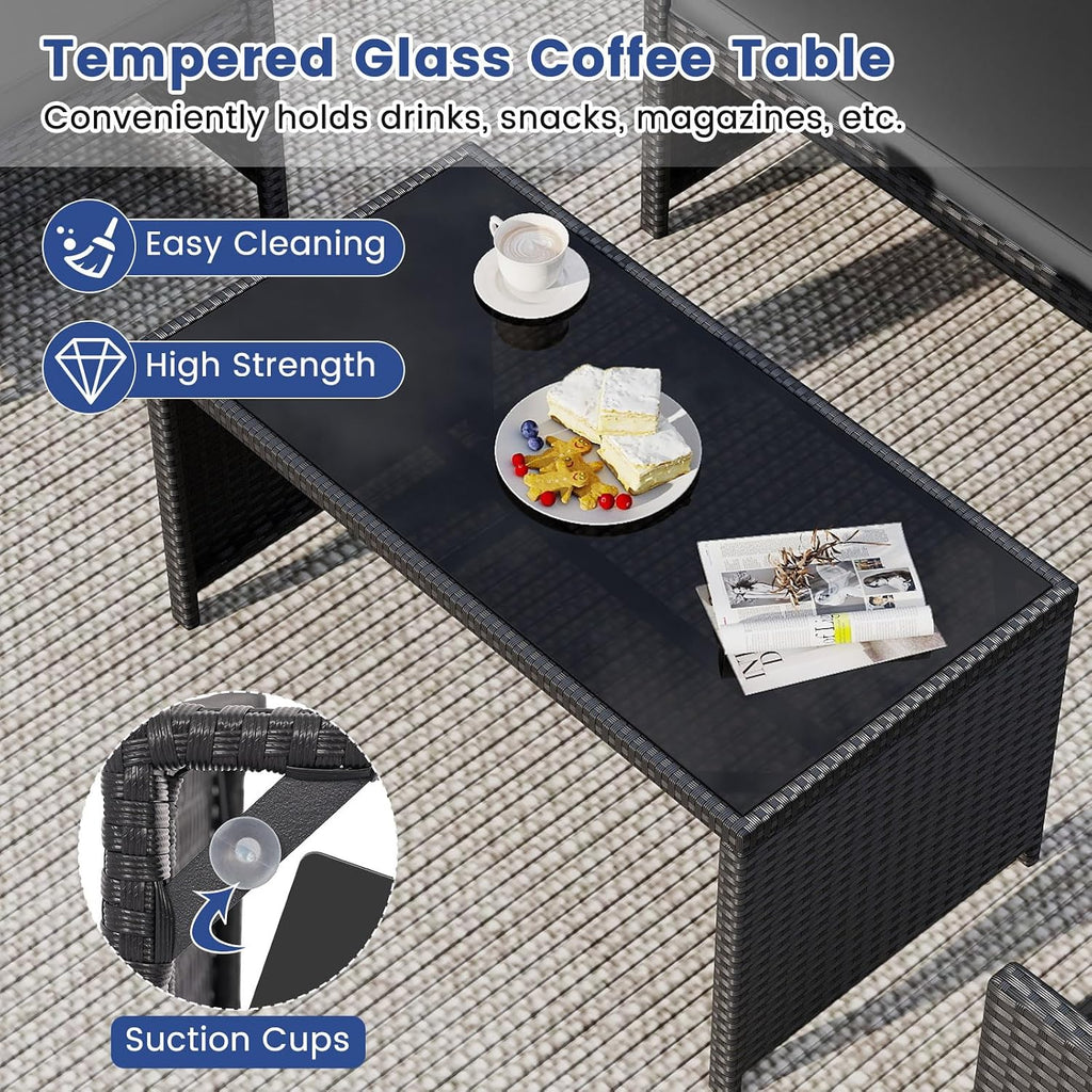 Tangkula 4 Pieces Patio Wicker Furniture Set, Outdoor Heavy Duty Rattan Cushioned Chairs, Loveseat and Tempered Glass Coffee Table, for Backyard, Balcony, Poolside (1, Black)