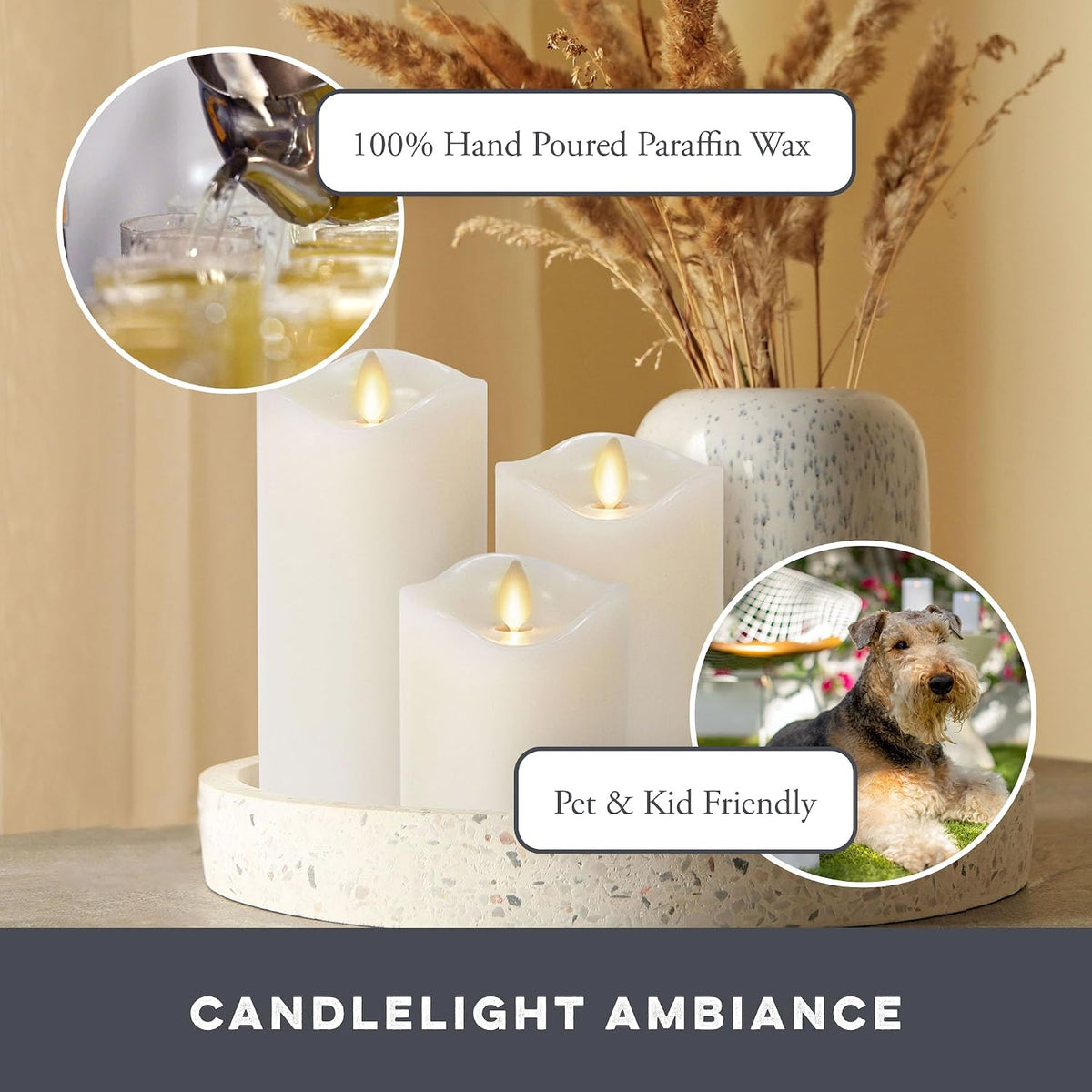 Matchless Candle Co. Flameless Moving Flame Pillars, Unscented Wax Melted Edge, AA Batteries