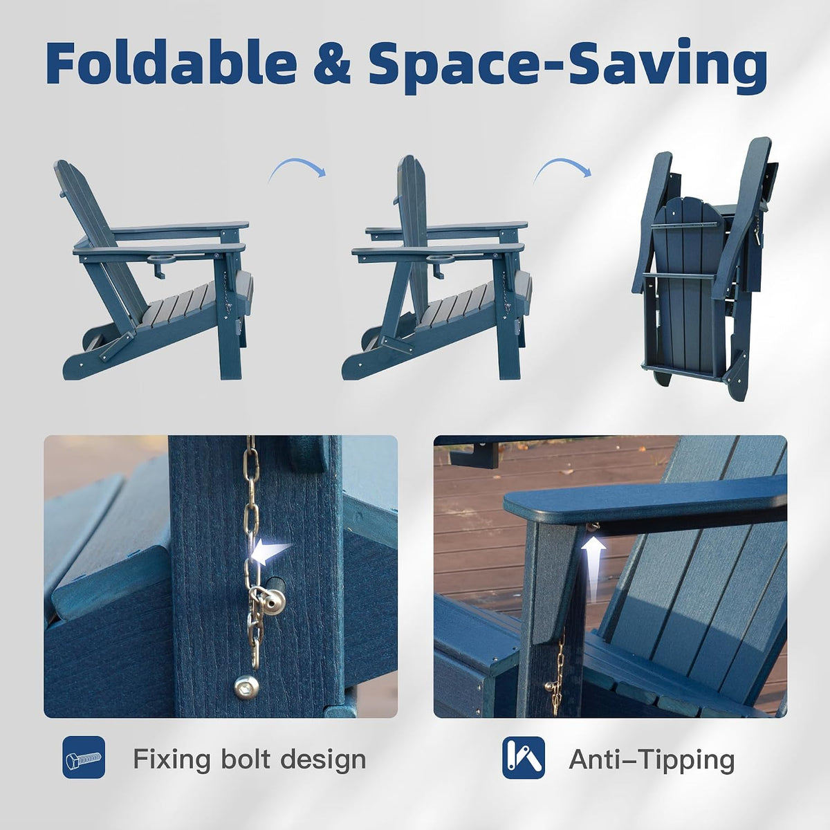 Domi Folding Adirondack Chairs Set of 8, HDPE All-Weather Outdoor Chairs with Cup Holder, Wooden Textured Fire Pit Chairs for Backyard, Patio, Poolside & Deck, Navy Blue