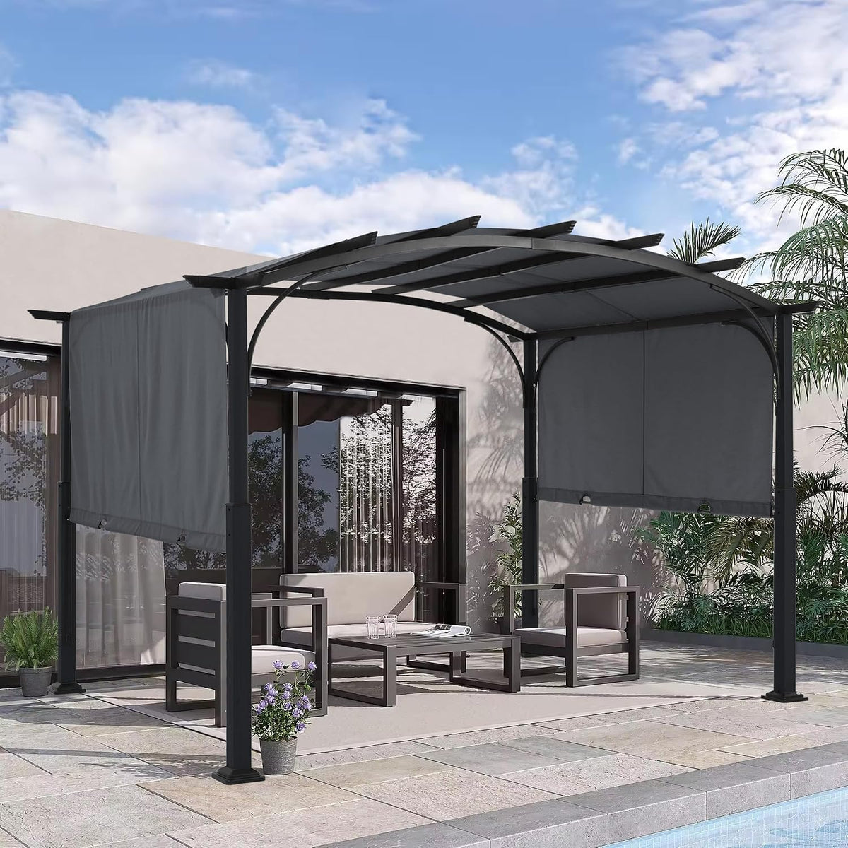 MASTERCANOPY 10x12 ft Heavy Duty Pergola with Sun Shade Canopy, Dark Grey