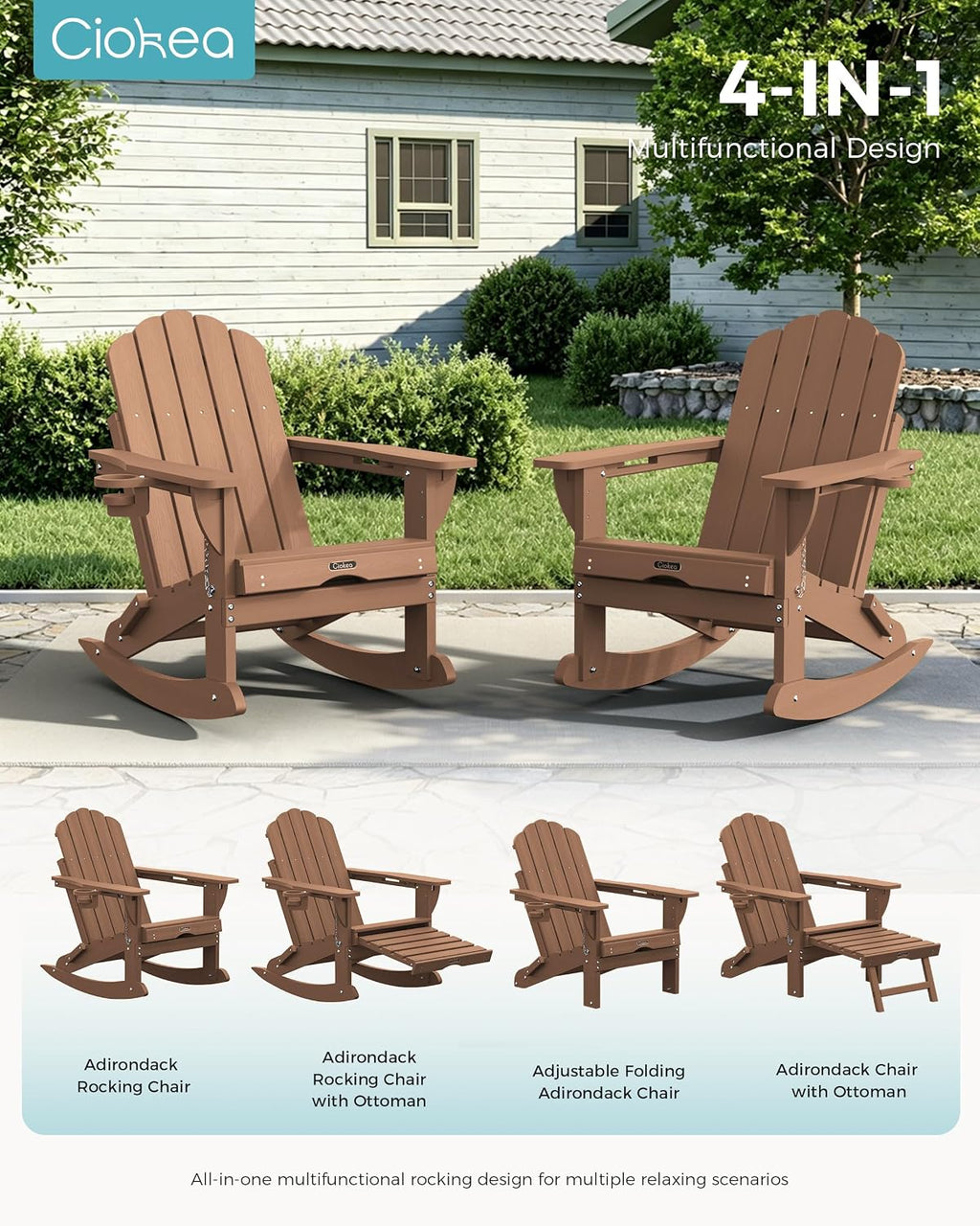 Ciokea Adirondack Rocking Chair with Footrest, Foldable HDPE Rocker (Teak)