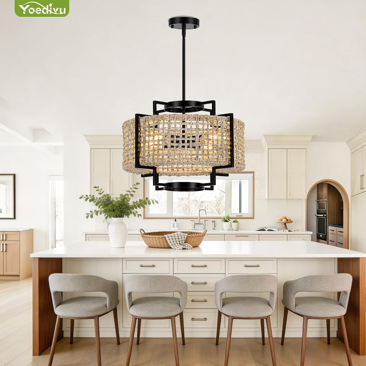 18" rattan chandelier, 4-light boho pendant light for on a desk or shelf