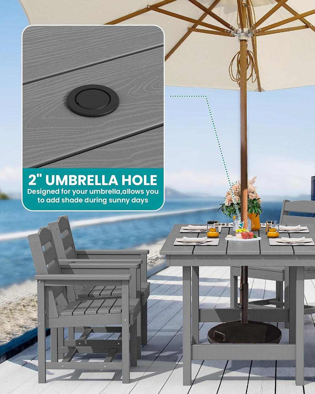 SERWALL 7 Pcs Outdoor Dining Set, 67" HDPE Dining Set for 6, Gray