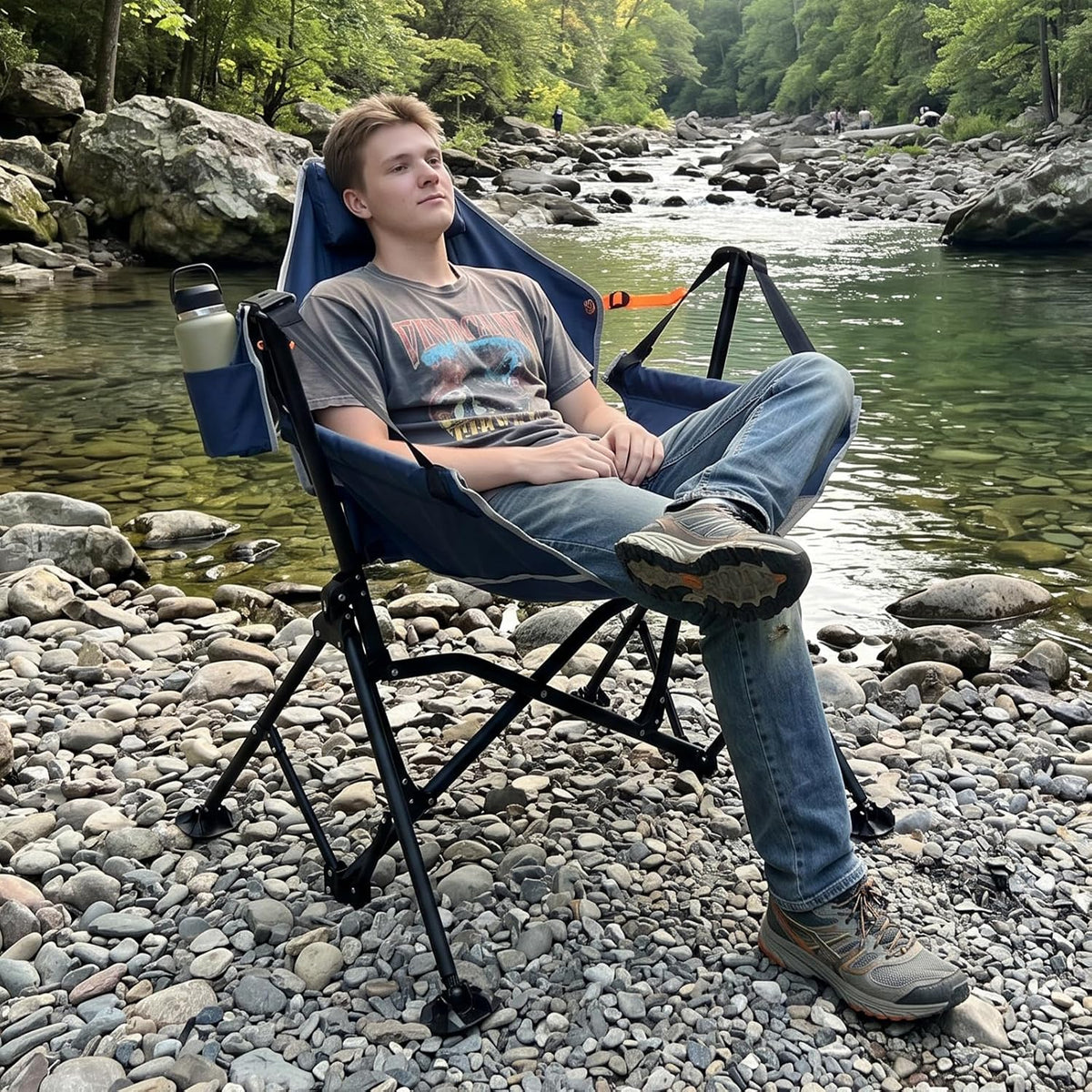 Romswi 1 Pcs Hammock Chair, Oversized Portable Folding Swinging Chair with Adjustable Back & Seat, Supports 440lbs for Outdoor, Patio, Lightweight Camp Chair Blue(Without footrest)