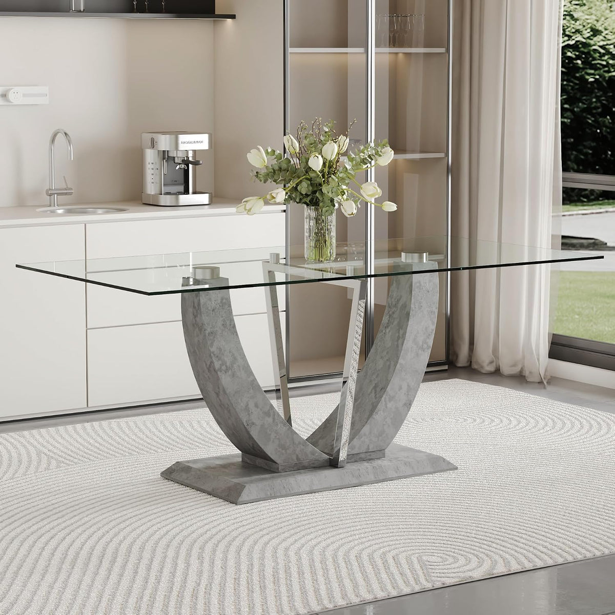 71" Glass Dining Table for 6, Modern Kitchen Table with Tempered Glass Tabletop, Elegant Dining Room Table for Kitchen or Dining Area