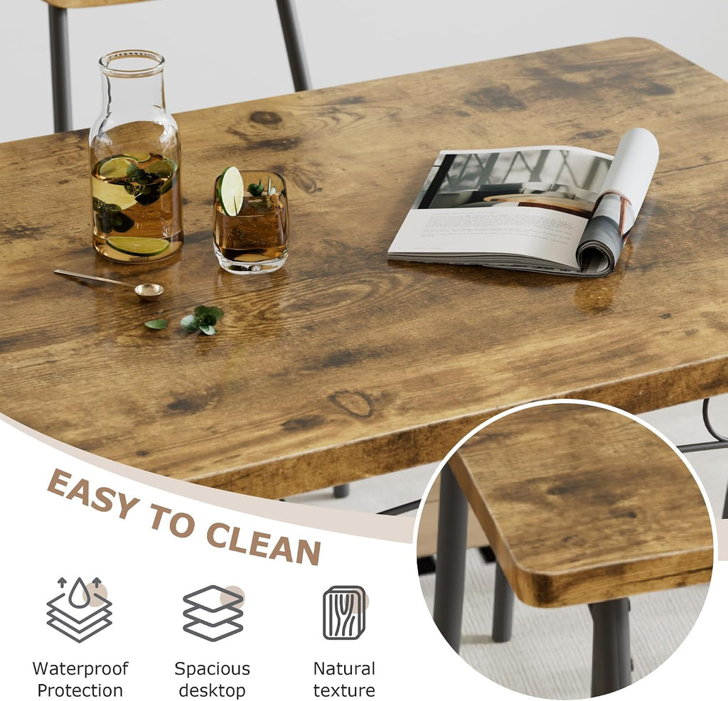 VECELO 3 Piece Small Dining Table Set for 2, Metal and Wood Square Kitchen Dinette for Breakfast Nook, Dining Room, Apartment, Saving Space, Rustic Brown