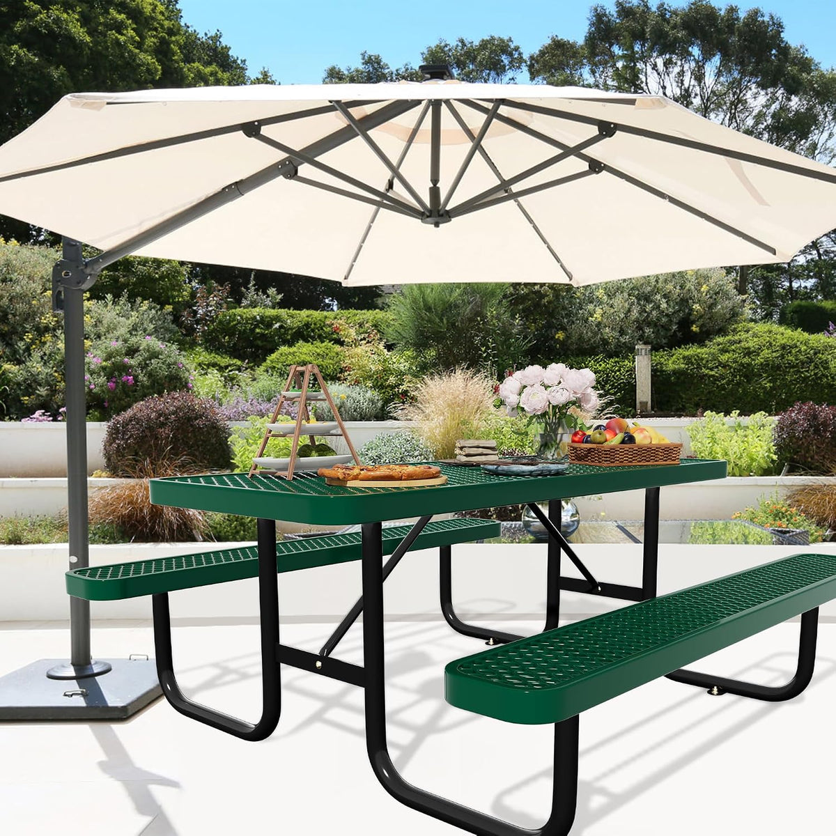 Picnic Tables for Outdoors,Commercial Metal Picnic Table Bench Set with Umbrella Hole,School Canteen Tables W/Seats - Heavy Duty Sturdy Picnic Tables Furniture for Patio Garden (Green, 6FT)