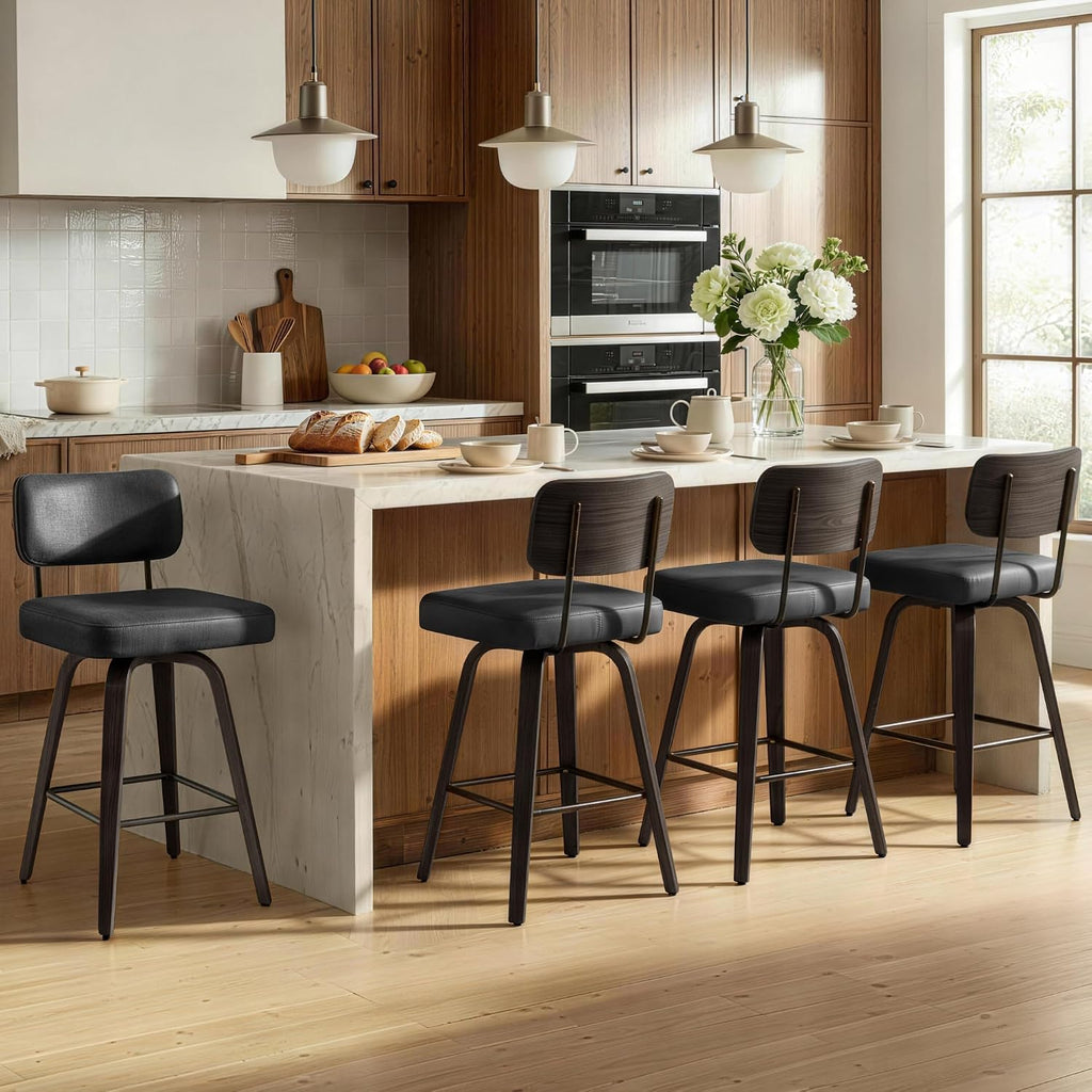 Swivel Bar Stools Set of 2, 26" Counter Height with Wooden Back, Black
