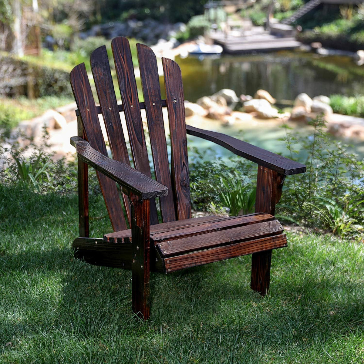 Shine Company Westport Wooden Adirondack Chair, Outdoor Patio Firepit Chairs, Back & Seat Pre-Assembled, Burnt Brown