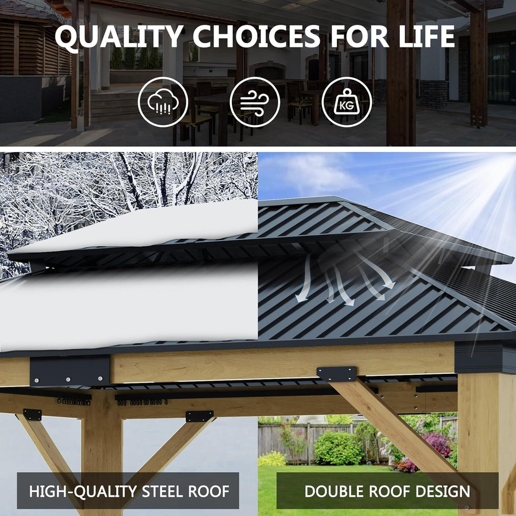 13x15FT Wood Gazebo,Outdoor Wooden Gazebo with Glavanized Steel Double Roof, Hardtop Gazebos for Garden, Patio, Deck, Backyard
