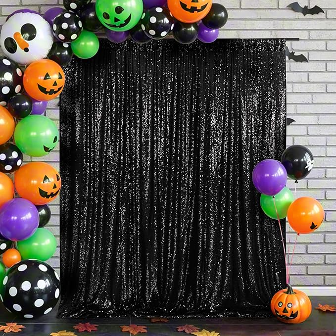 Eternal Beauty Black Sequin Backdrop, 7x7 Ft Halloween Glitter Background Curtains for Shimmer Photography Party Wedding Birthday Back Drop Decor