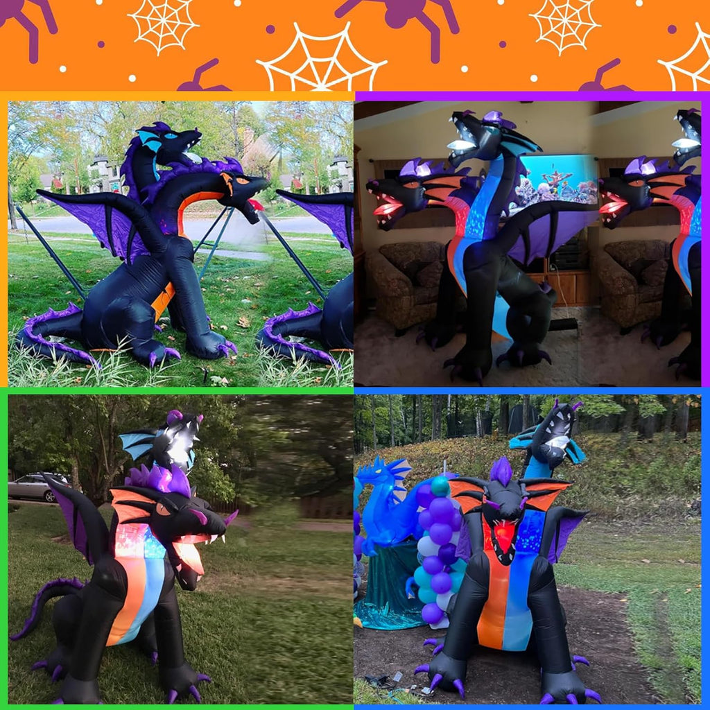 7FT Tall Halloween Inflatables Dragon with 2 Heads, Fire and Ice Blow Up Dragon Inflatables Built-in 2 Rotating Flash Lights and 5 Led Lights for Halloween Inflatable Outdoor Decoration