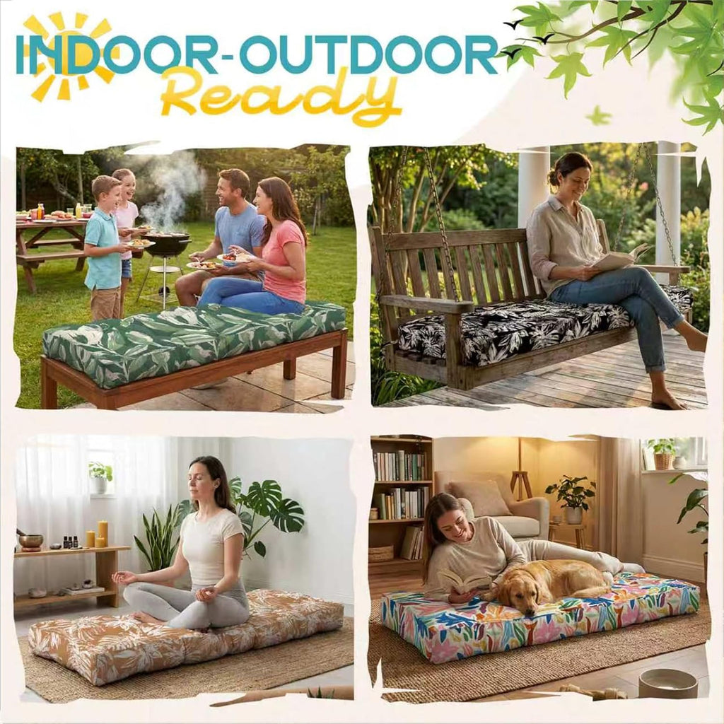 Outdoor Bench Cushion, Tufted Patio Seat Pad for Garden Bench, Porch Swing, Indoor/Outoor Furniture (Black White Leaf, 48X18X4 inch)